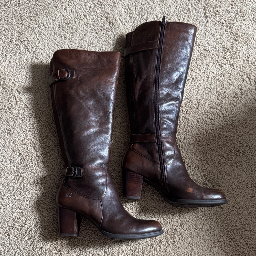 Born Tall Dark Brown Leather Heeled Riding Boots Sz 8 - Picture 3 of 10